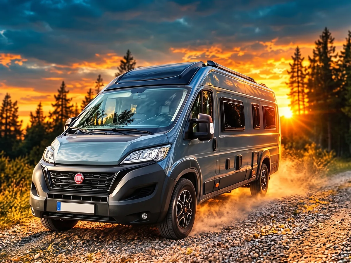 Unser grauer Challenger V217 auf Fiat Ducato von vorne, auf einem Schotterweg im Abendlicht
