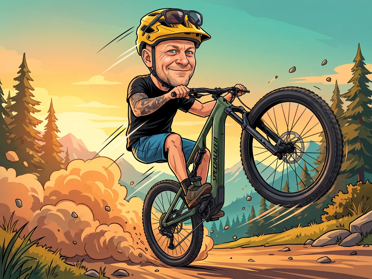 Comic-Karikatur: Eric macht auf seinem moosgrünen Specialized Turbo Levo 4 einen Wheelie