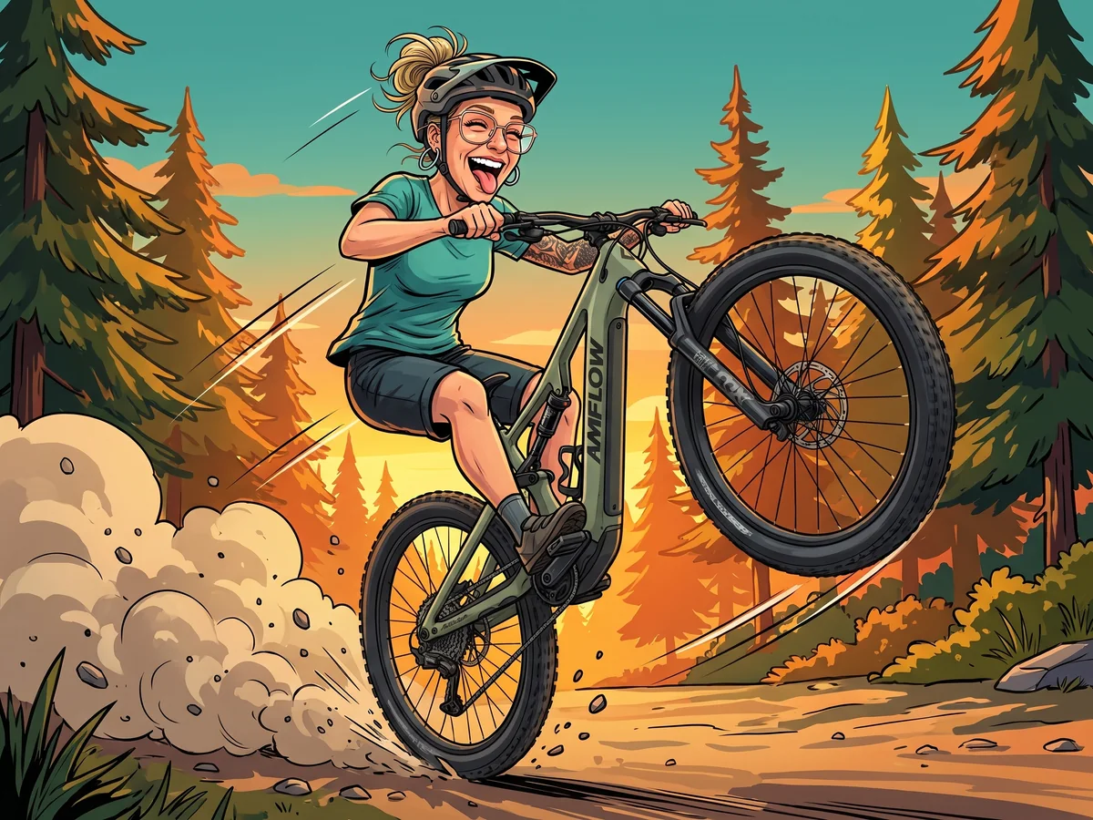 Comic-Karikatur: Marina macht lachend auf ihrem moosgrünen Amflow PR Carbon einen Wheelie